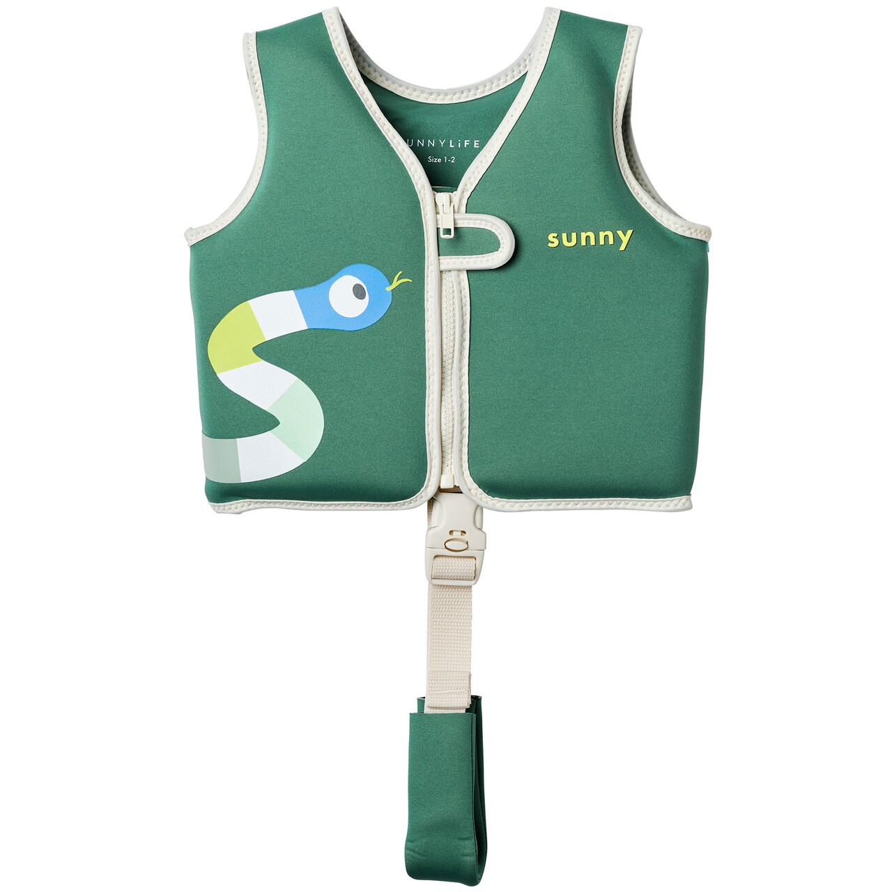 Sunnylife: Kids Float Vest 1-2 - Into the Jungle - Green & Snake, Children Up To 33lbs, Pool & Water Jacket, Zip Front, Safety Strap, Natural Rubber
